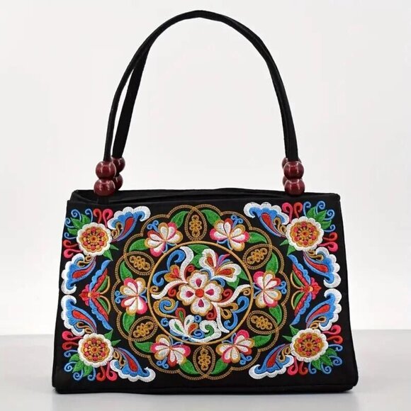 Women's Stylish Floral Embroidered Tote Handbag, Trendy Zipper Canvas Bag - Picture 2 of 6
